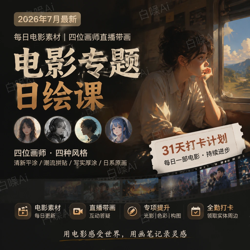 电影专题日绘课：每日电影素材打卡与四位画师直播带画-聚财网创