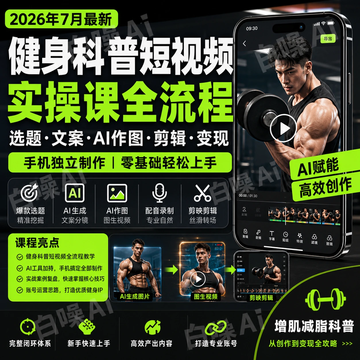 健身科普短视频实操课:手机AI选题文案剪辑,增肌减脂变现完整体系-聚财网创