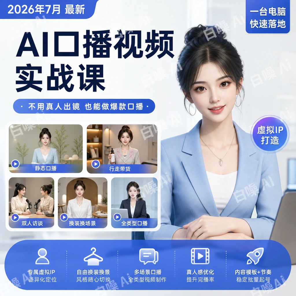 AI口播视频实战课：虚拟IP打造+换装换场景+静态口播+行走带货+双-聚财网创