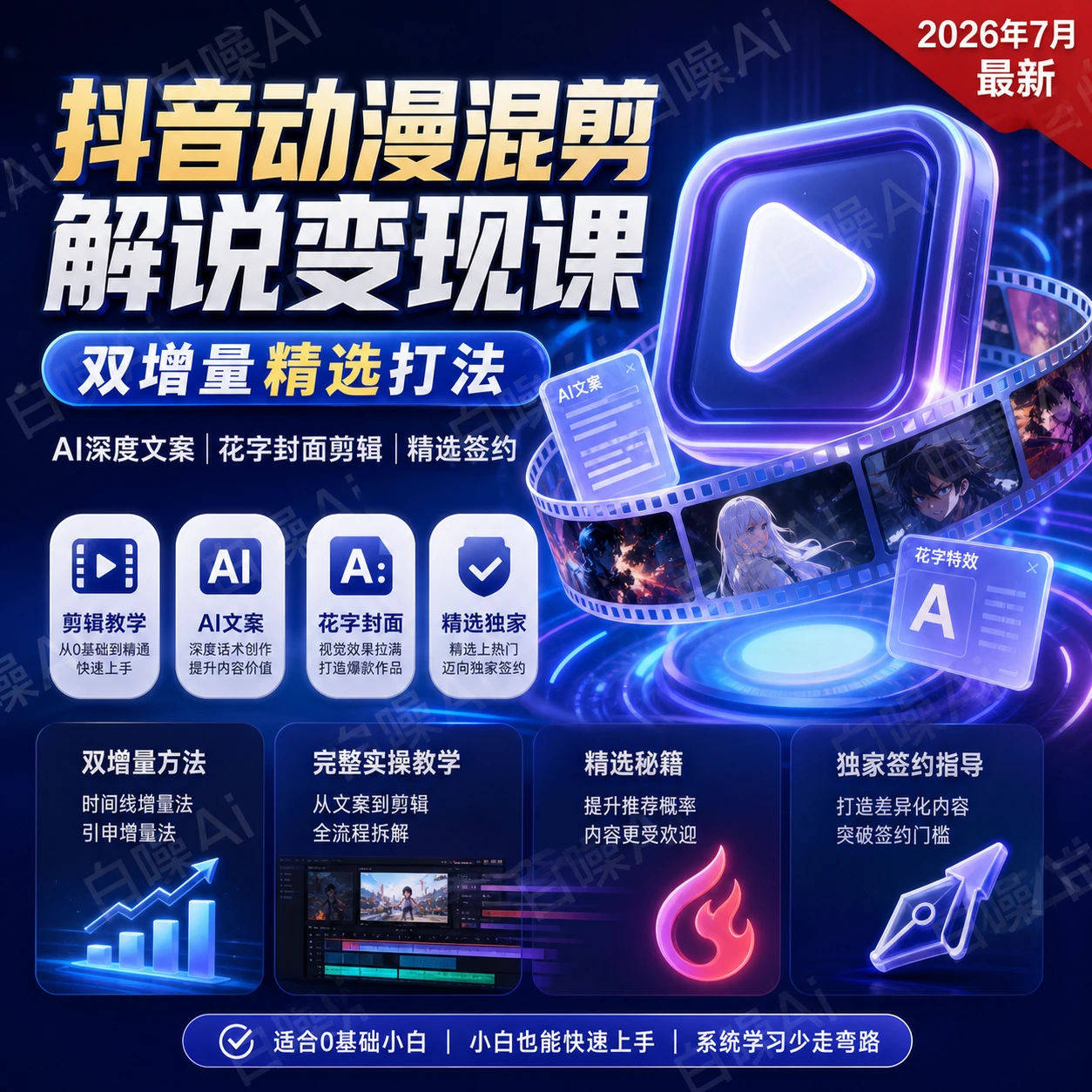 2026最新抖音动漫混剪解说课 双增量精选AI文案花字封面剪辑-聚财网创