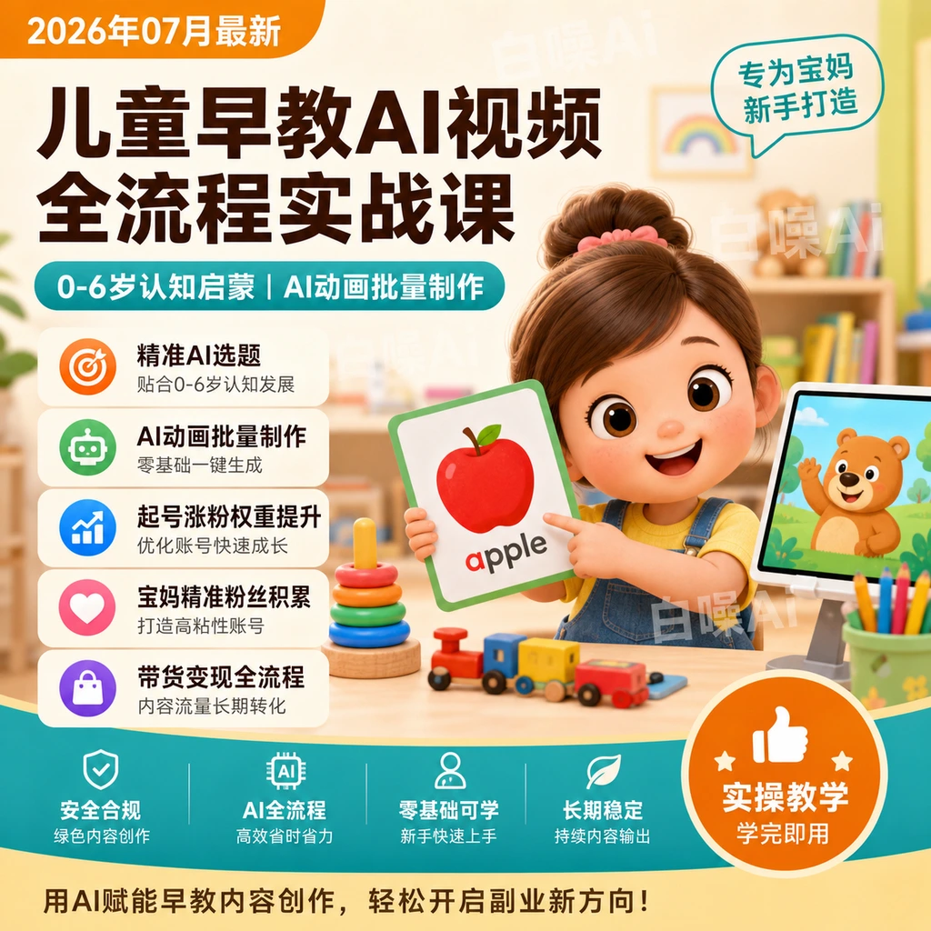 儿童早教AI视频实战课：0-6岁认知选题与AI动画批量制作，宝妈账号-聚财网创
