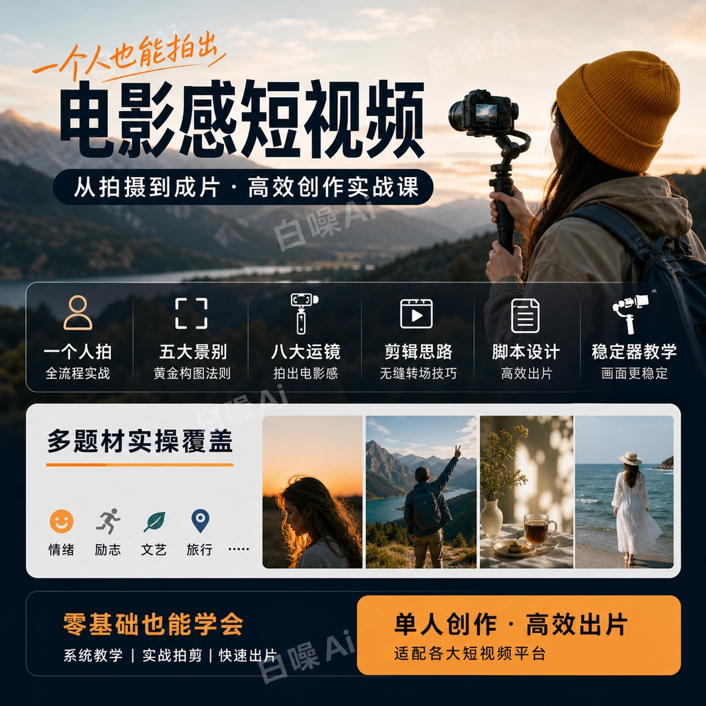 一个人拍短视频实战课 情绪励志文艺旅行多题材拍剪全流程-聚财网创