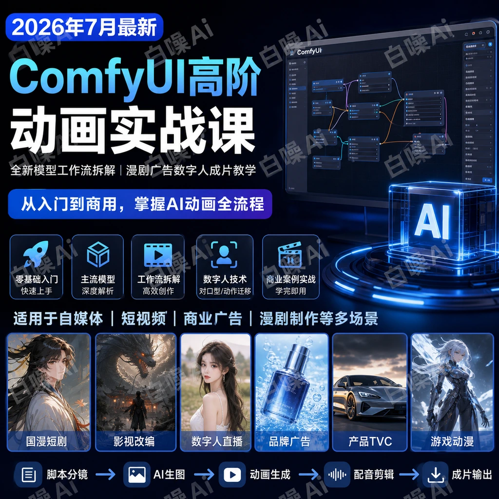 ComfyUI高阶动画实战课:模型工作流拆解与漫剧广告数字人成片教学-聚财网创