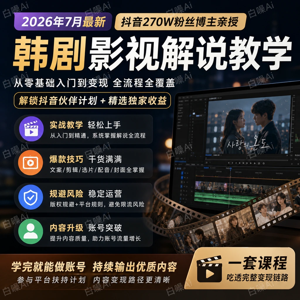 抖音博主亲授韩剧影视解说从零基础到精通全套课程-聚财网创