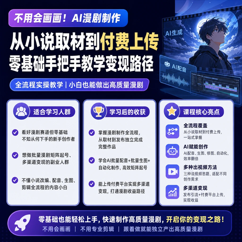 AI漫剧制作零基础全流程教学:从小说取材到付费上传-聚财网创