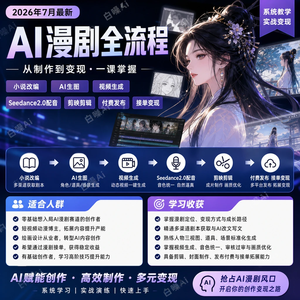 AI漫剧高阶玩法：小说改编×AI生图×视频生成×Seedance配音×剪映剪-聚财网创