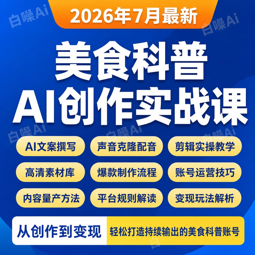 零基础课程抖音31W博主美食科普 AI文案声音克隆配音剪辑实操收益-聚财网创